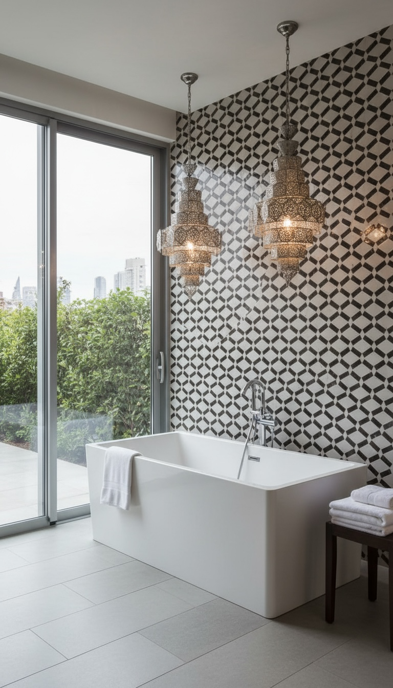 Moroccan Demna Tile by Justmorocco with intricate blue and white geometric patterns on ceramic surface