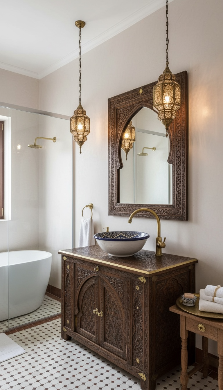 Moroccan Azurra tile sink from Justmorocco featuring intricate blue and white geometric patterns on ceramic surface.