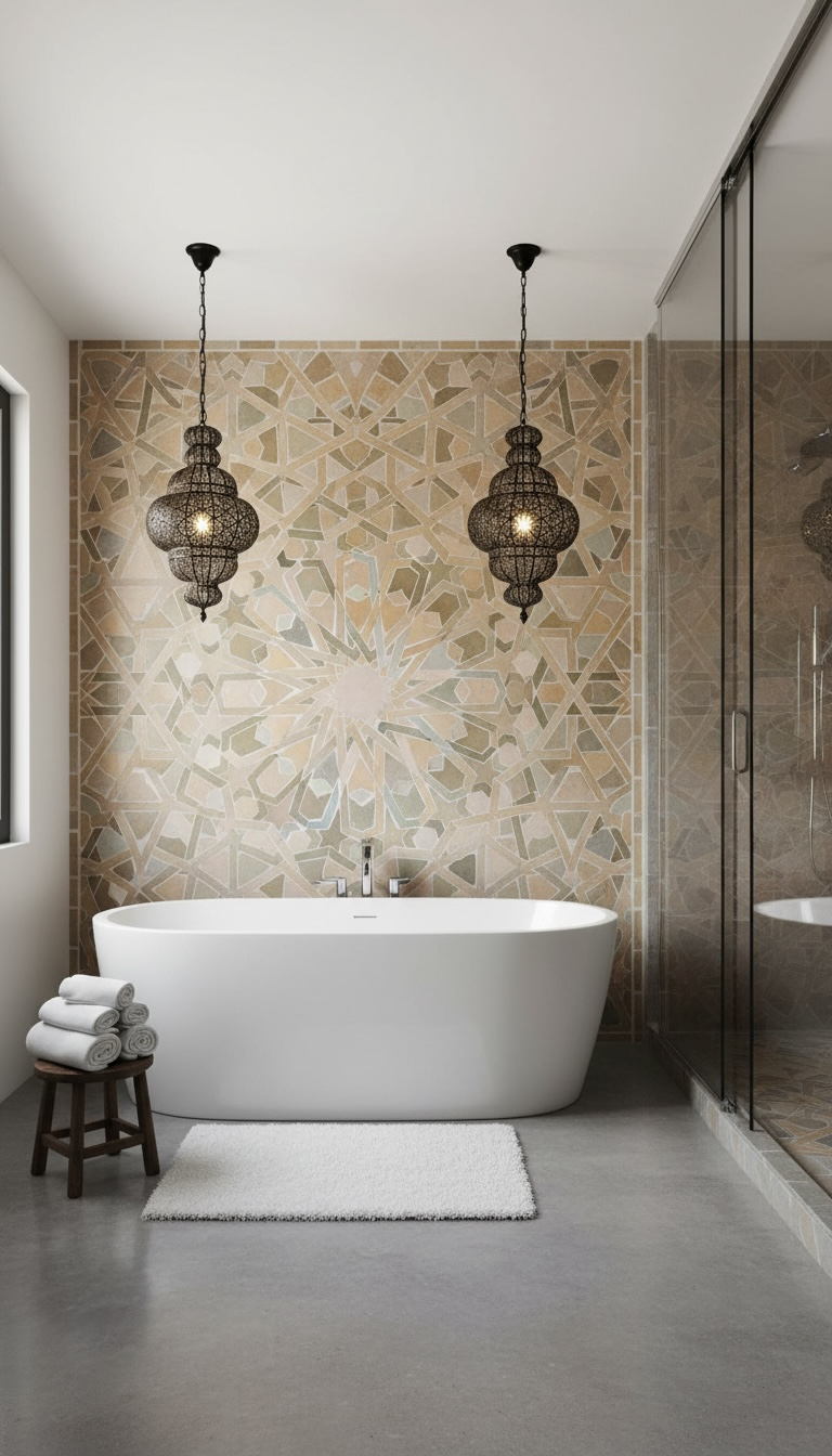 Moroccan Santa Barbara tile by Justmorocco featuring intricate geometric patterns in vibrant colors on ceramic surface.