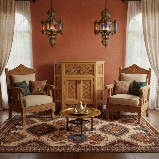 Unique Agafay cabinet by Justmorocco, wooden furniture piece with intricate carvings and traditional design details.