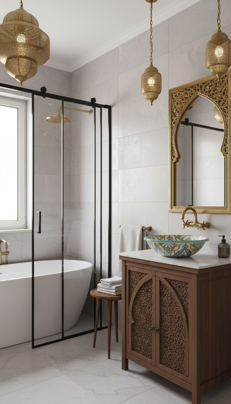 Antique Fes vessel sink with Moroccan tile design by Justmorocco, featuring intricate blue and white ceramic patterns.