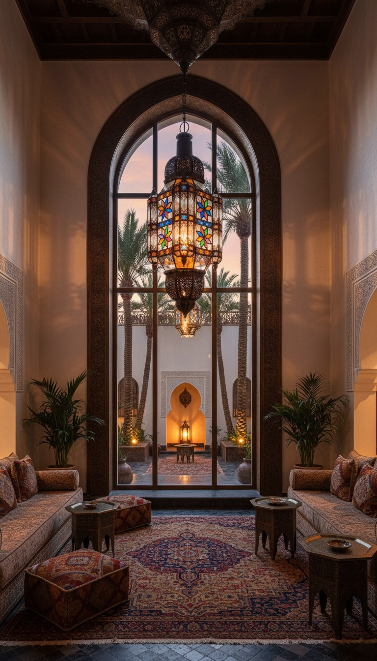 Large Nejma Moroccan chandelier by Justmorocco with intricate metalwork and glass details, hanging as a decorative lighting piece.
