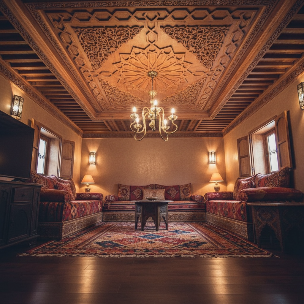 Bokahla ceiling panel by Justmorocco featuring intricate Moroccan geometric patterns and a smooth, decorative surface.
