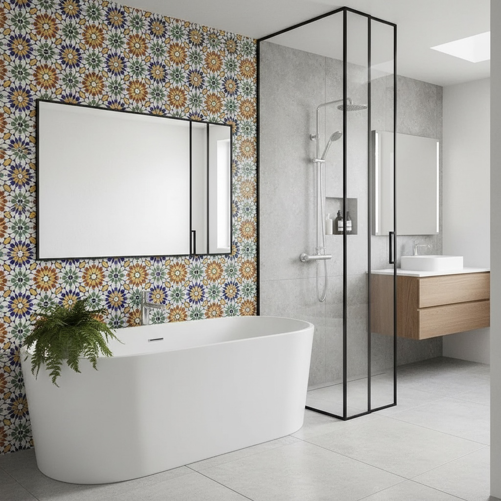 Moroccan Alhambra bathroom tile pack by Justmorocco, featuring colorful patterned ceramic tiles for bathroom decor.