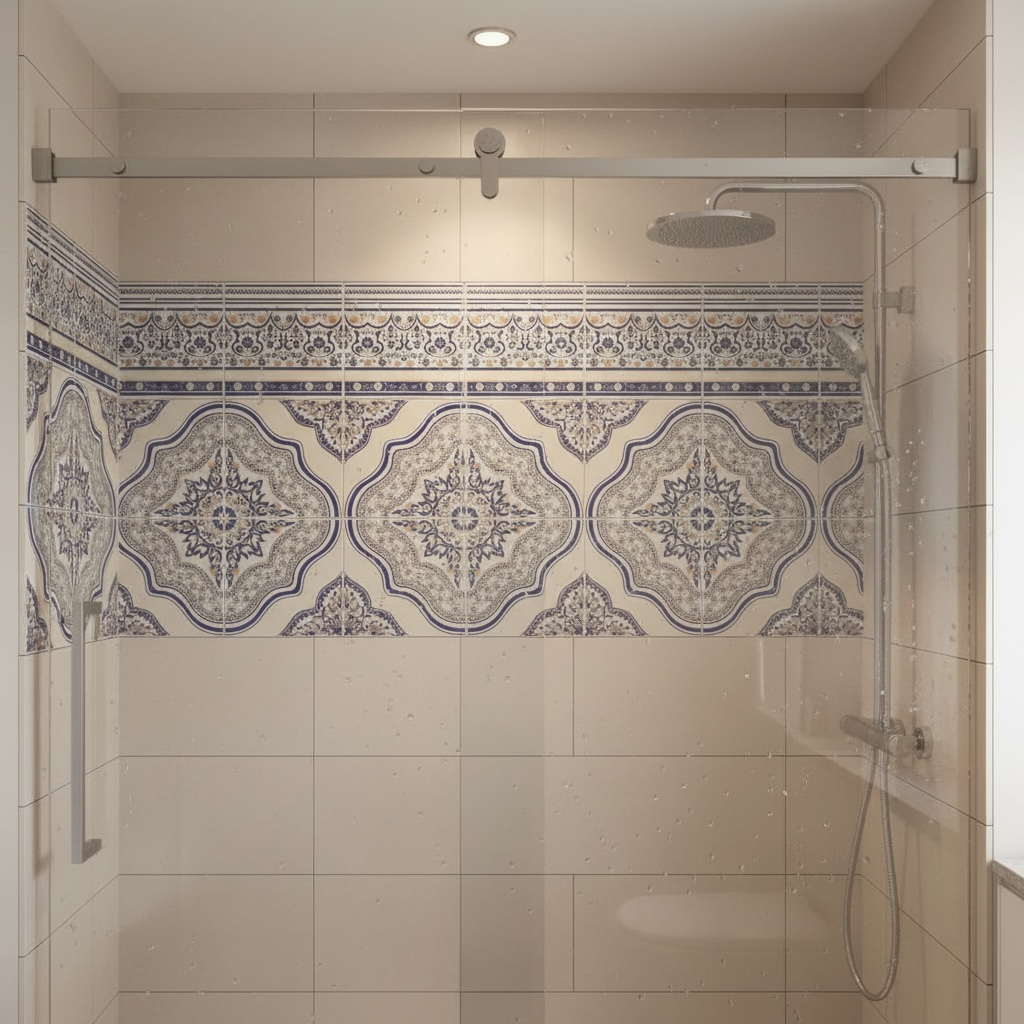Colorful Moroccan Riad tile by Justmorocco displaying intricate geometric patterns and vibrant design on ceramic surface.