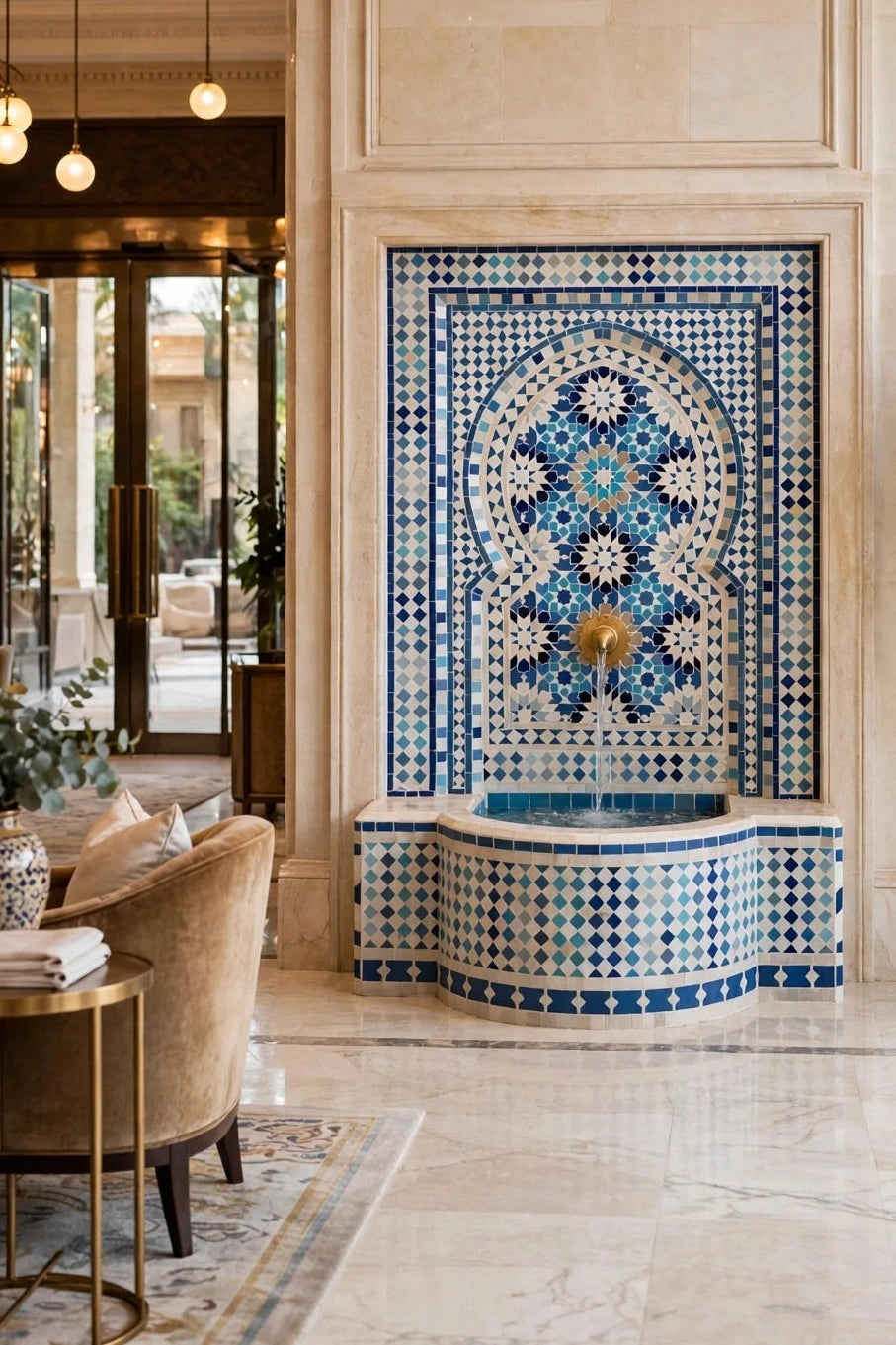 Handmade Moroccan mosaic tile fountain featuring intricate tile patterns and a water basin, 48x30 inches, by Justmorocco.