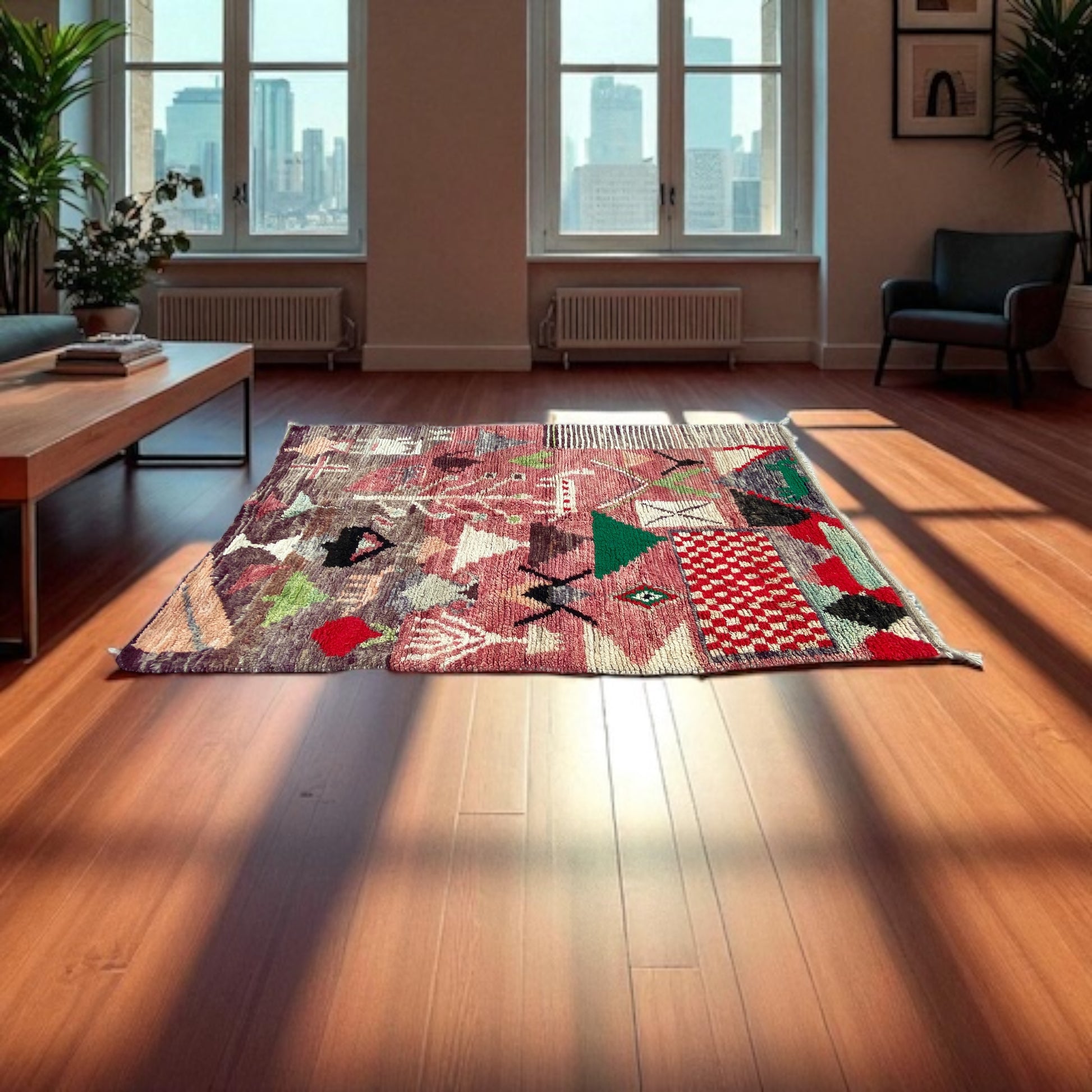 Colorful Riad Atlas carpet from Justmorocco, showcasing intricate traditional designs on a woven rug.