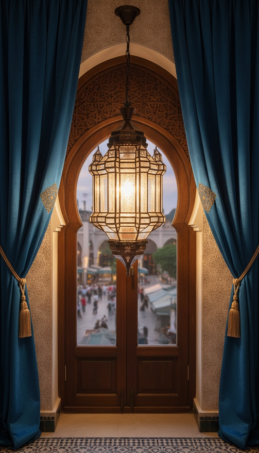Moroccan Mamounia clear glass chandelier by Justmorocco featuring intricate Moroccan lantern design with transparent glass panels.