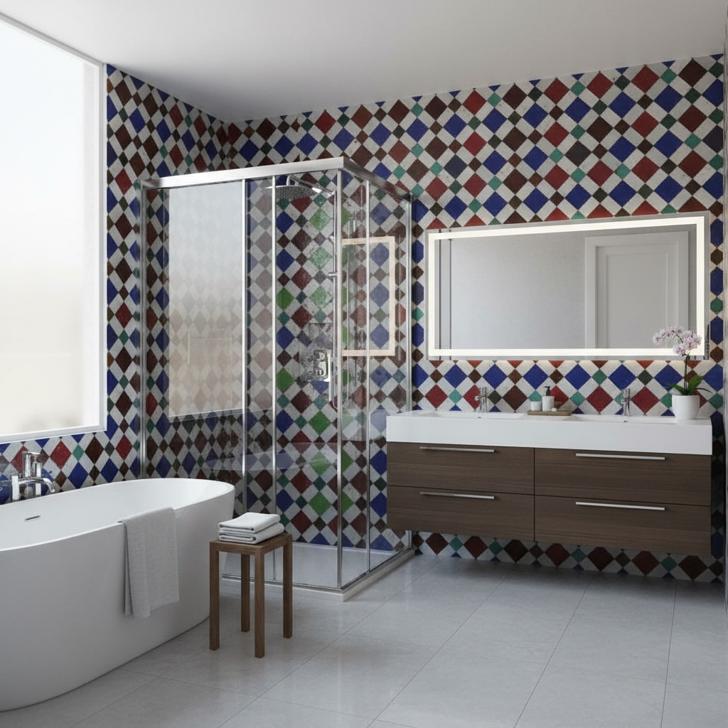 Moroccan Dama tile by Justmorocco featuring intricate geometric patterns in vibrant colors on a ceramic surface.