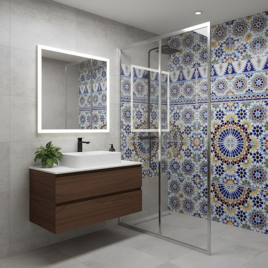 Moroccan Tangier tile by Justmorocco featuring intricate geometric patterns in vibrant blue and white colors.