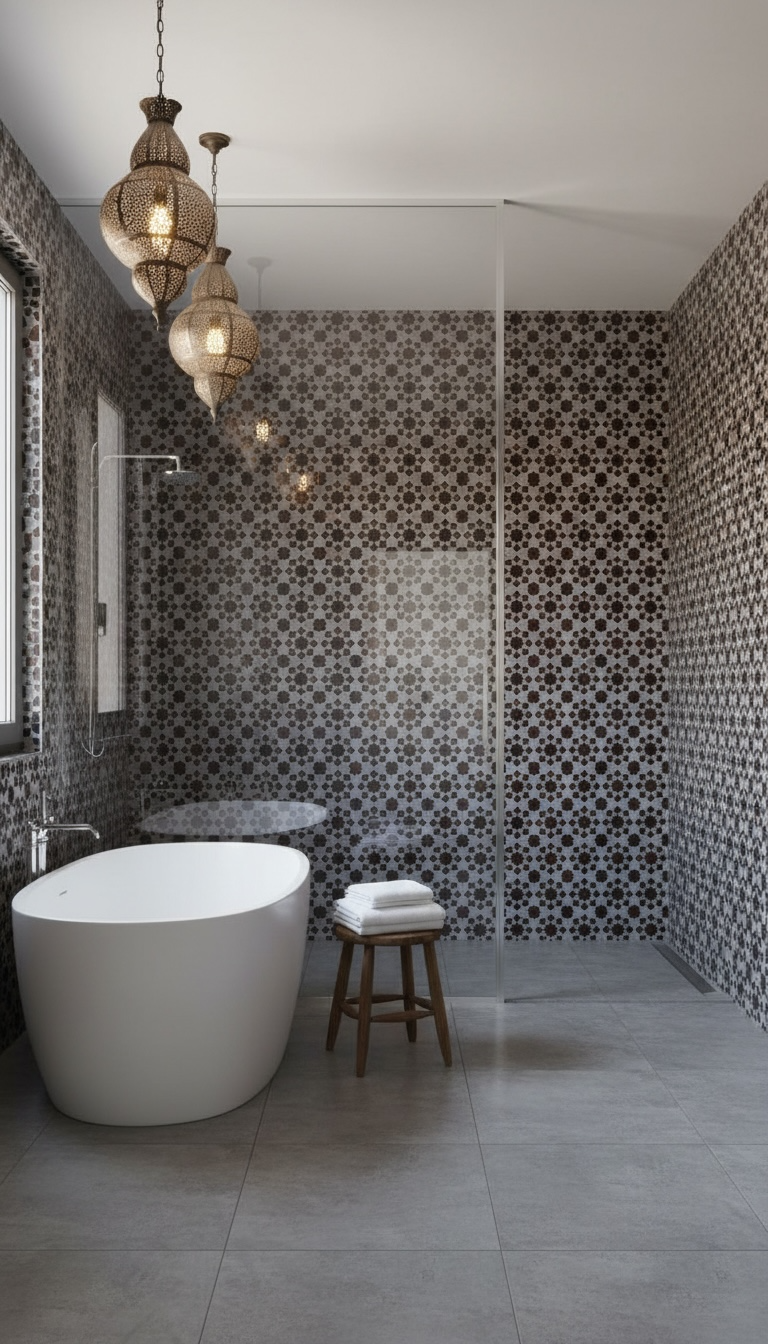 Moroccan Mamounia tile by Justmorocco featuring intricate geometric patterns in vibrant colors on a ceramic surface.