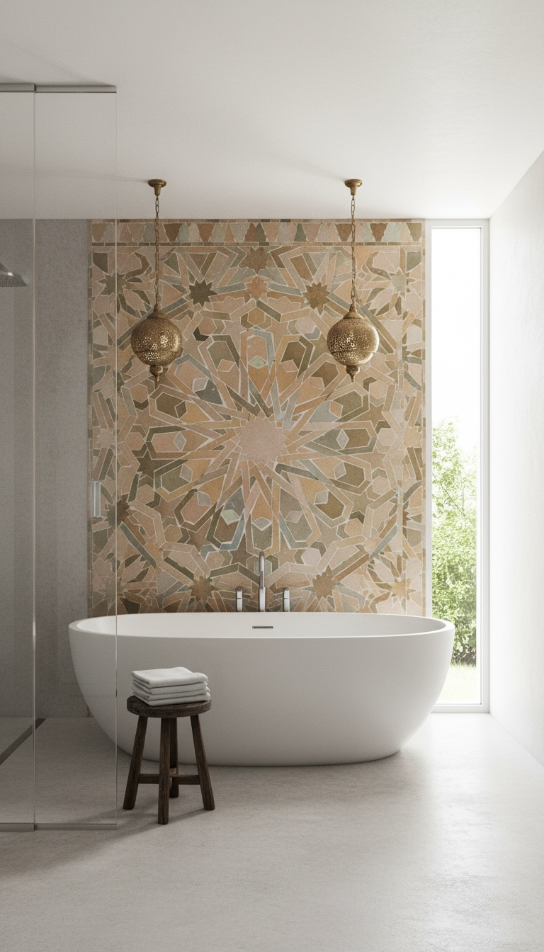 Moroccan Santa Barbara tile by Justmorocco featuring intricate blue and white geometric patterns on glazed ceramic surface.