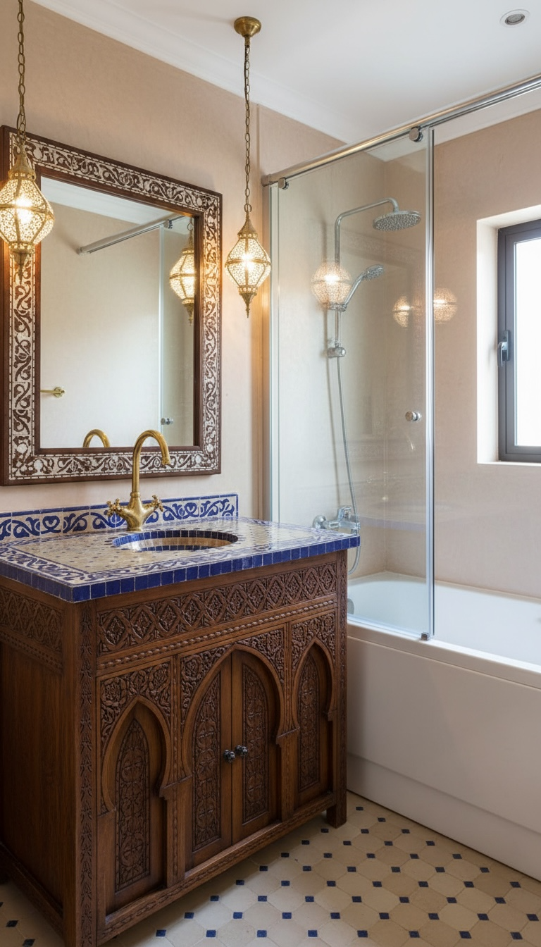 Moroccan Azzura sink featuring intricate tile patterns from Justmorocco, showcasing vibrant blue and white decorative design.