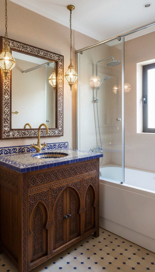 Moroccan Azzura sink featuring intricate tile patterns from Justmorocco, showcasing vibrant blue and white decorative design.