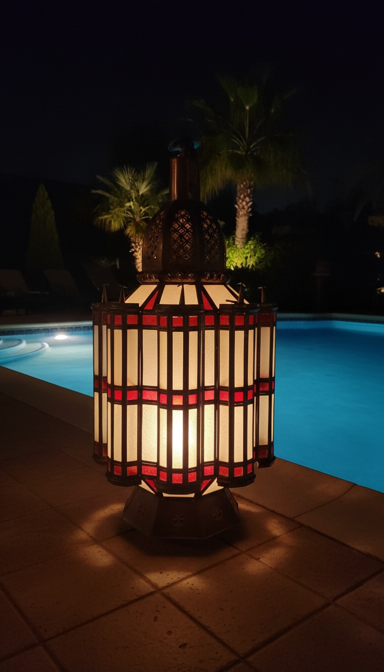 Moroccan Mamounia lantern by Justmorocco featuring intricate metalwork and glass panels, perfect for decorative indoor or outdoor lighting.