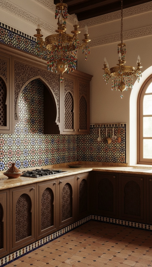 Colorful Dareh Deluxe Moroccan tile by Justmorocco with intricate geometric patterns and vibrant ceramic glaze.