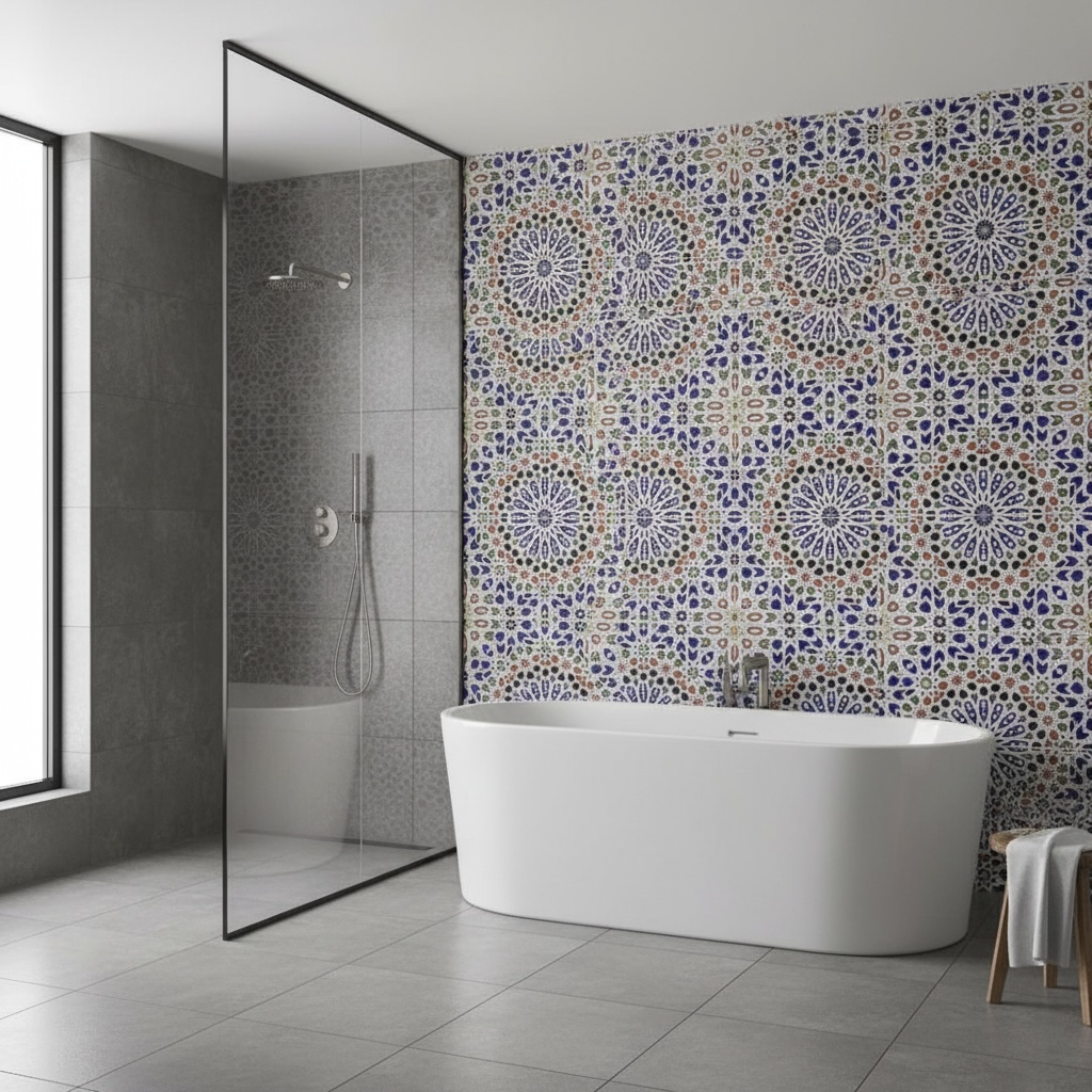 Moroccan Granada tile pack by Justmorocco featuring colorful, intricate geometric patterns in a set of decorative tiles.