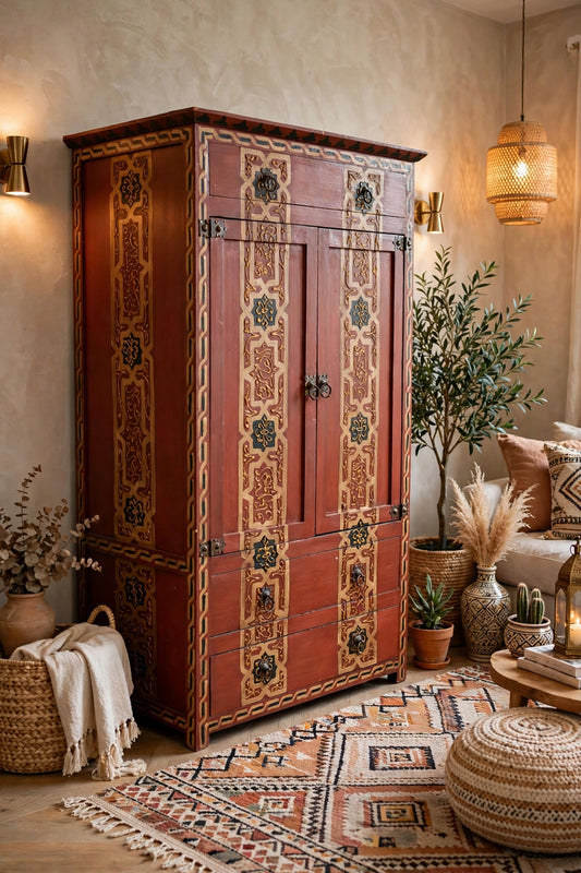 Vintage Hand-Painted Moroccan Armoire, Moorish Red Bedroom Furniture