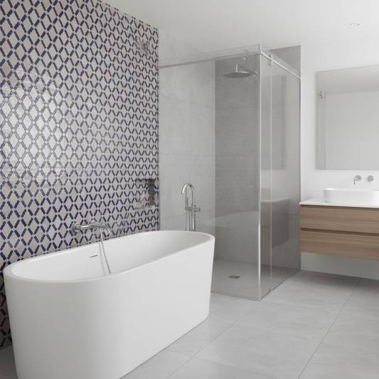 Colorful Moroccan Zellij tile from Justmorocco with intricate geometric patterns and vibrant blue, green, and white accents.