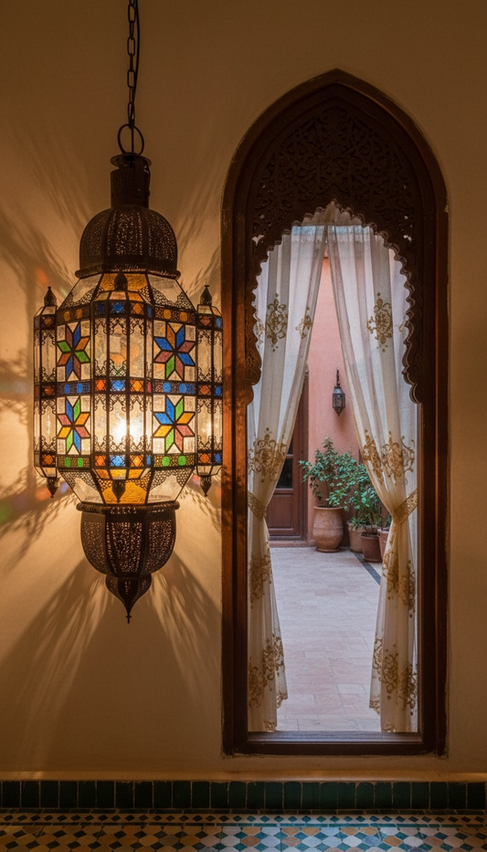 Large Nejma Moroccan chandelier by Justmorocco featuring intricate metalwork and traditional lantern design.
