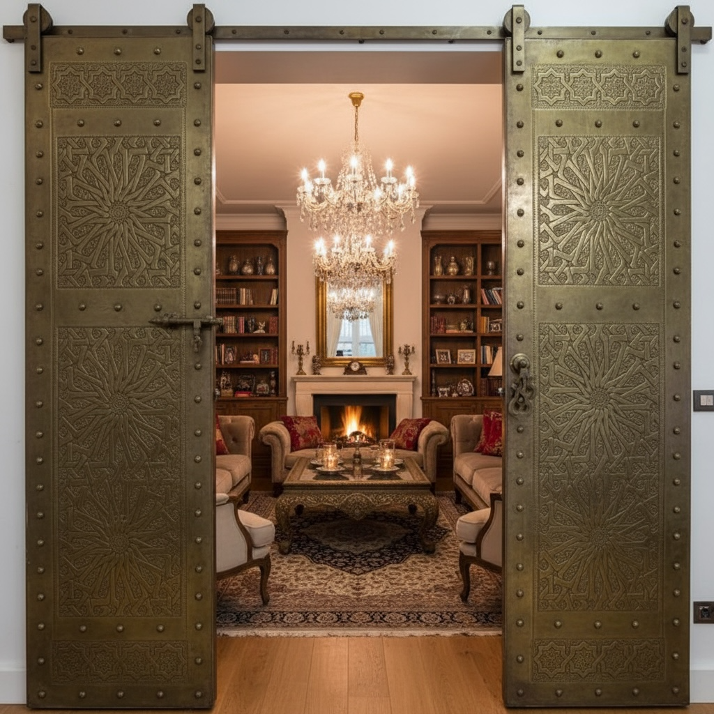 Large brass Moroccan Andalusia palace door with intricate carvings and traditional design by Justmorocco