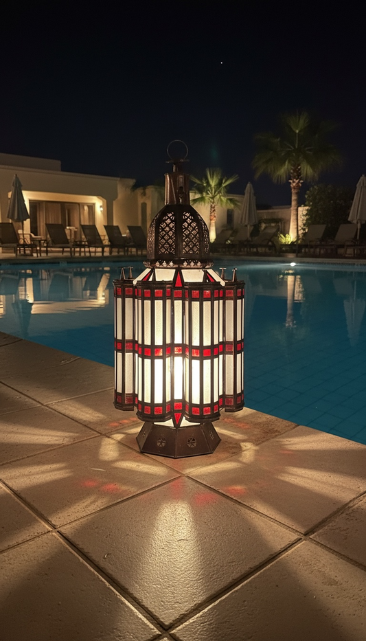 Moroccan Mamounia lantern by Justmorocco featuring intricate metalwork and glass panels for decorative lighting.