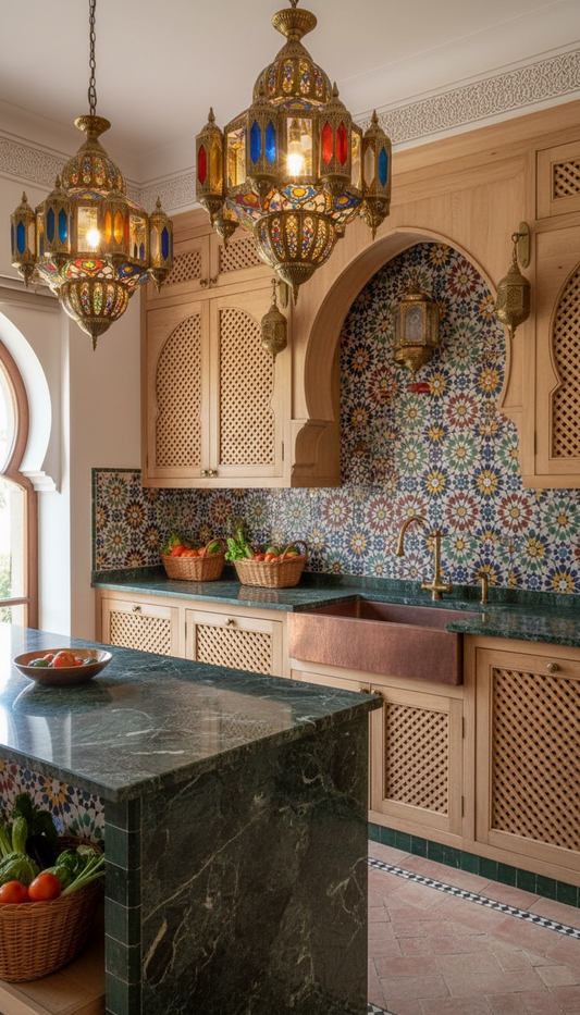 Colorful Alhambra mosaic Moroccan tile by Justmorocco featuring intricate geometric patterns and vibrant ceramic design.
