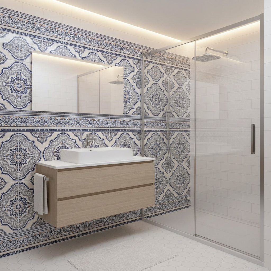 Colorful Moroccan Riad tile with intricate geometric patterns, showcasing traditional design and vibrant craftsmanship by Justmorocco.