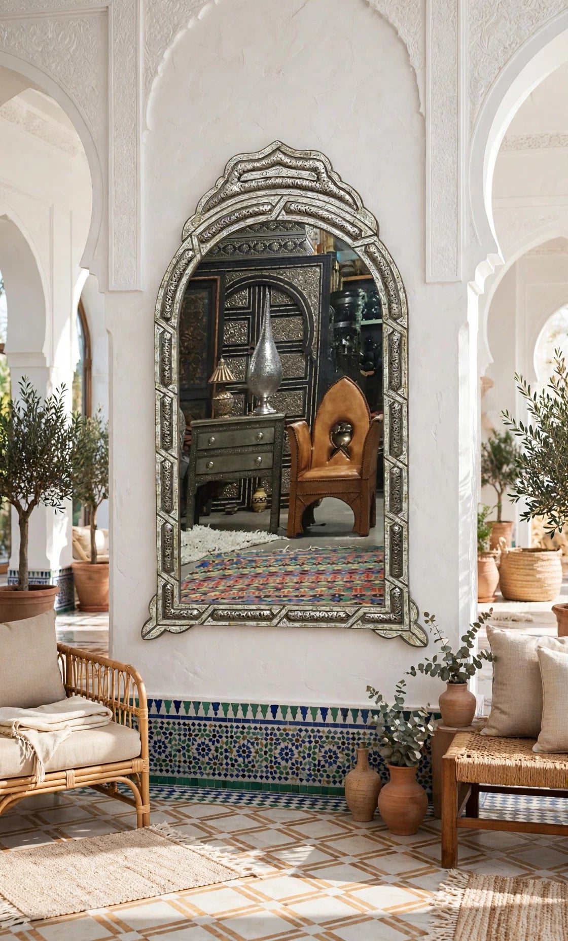 Luxury large Moroccan bone inlay mirror with handmade Berber design, featuring intricate patterns and a polished wooden frame.