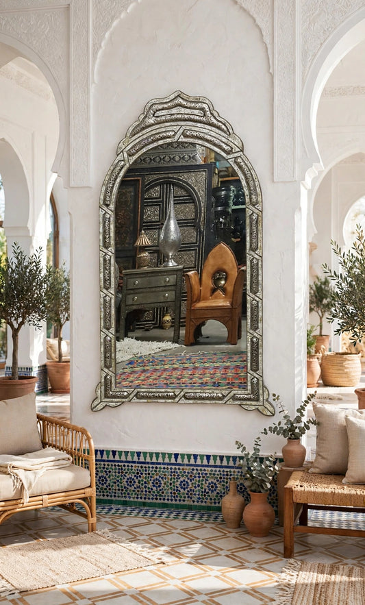 Vintage Moroccan Bone Inlay Mirror, Handmade Berber Design