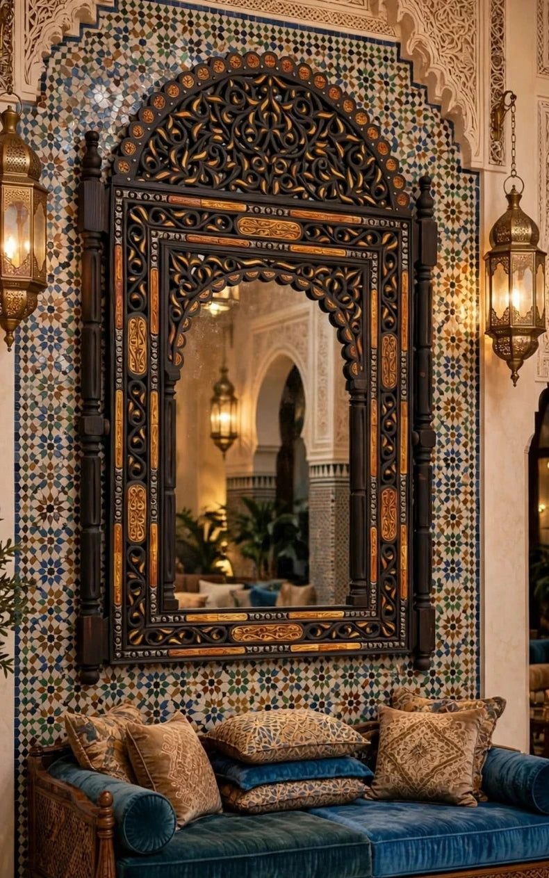 Luxury orange vintage Moroccan bone mirror with intricate Moorish inlay design, handcrafted with camel bone by Justmorocco.