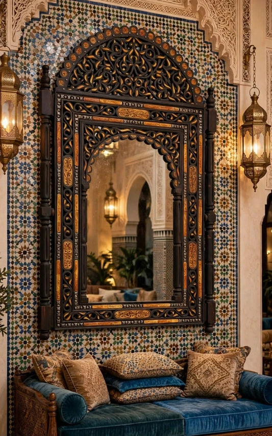 Handmade Moroccan Inlay Camel Bone Mirror, Moorish Design