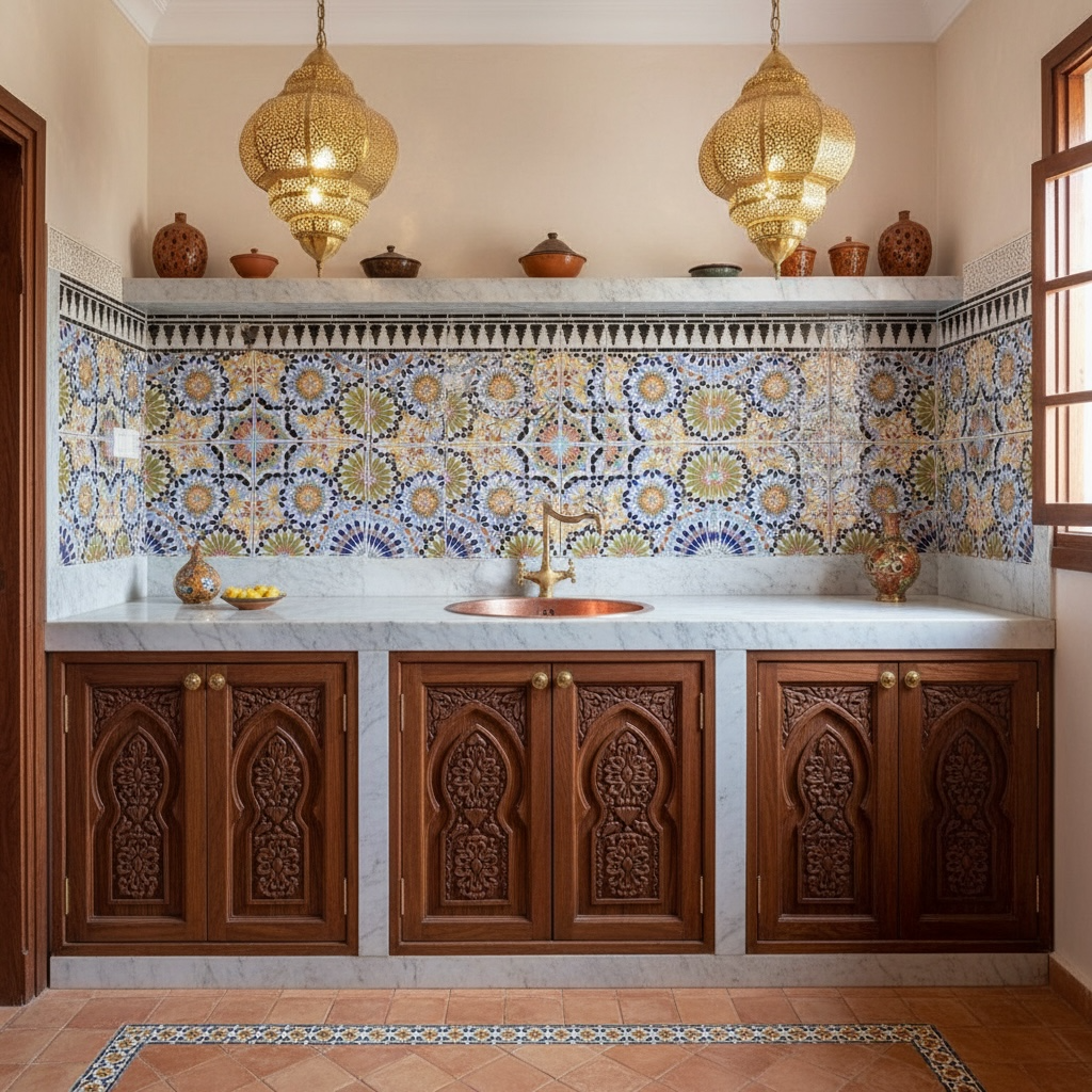 Colorful Moroccan tile from Justmorocco featuring intricate geometric patterns and vibrant designs for decorative wall or floor use.