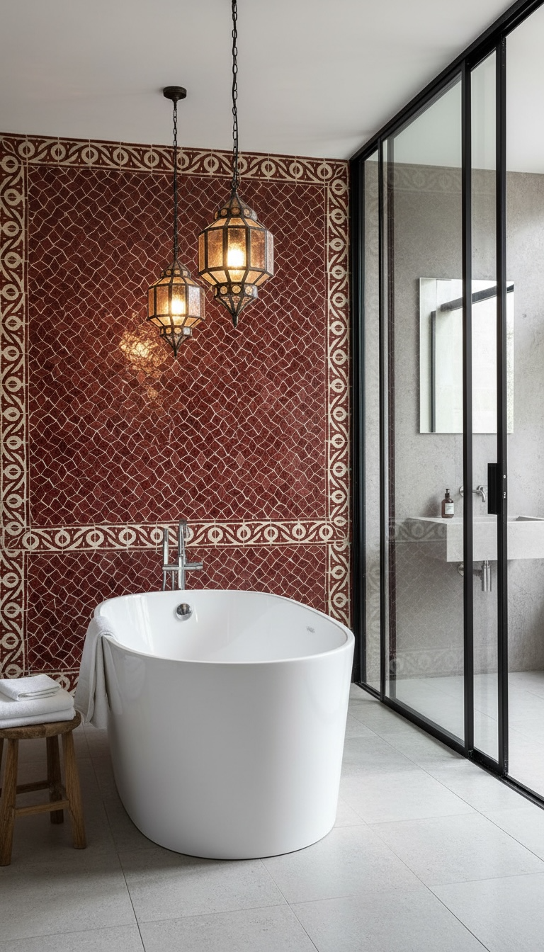 Moroccan Granada red palace tile by Justmorocco featuring intricate geometric patterns and vibrant red color.