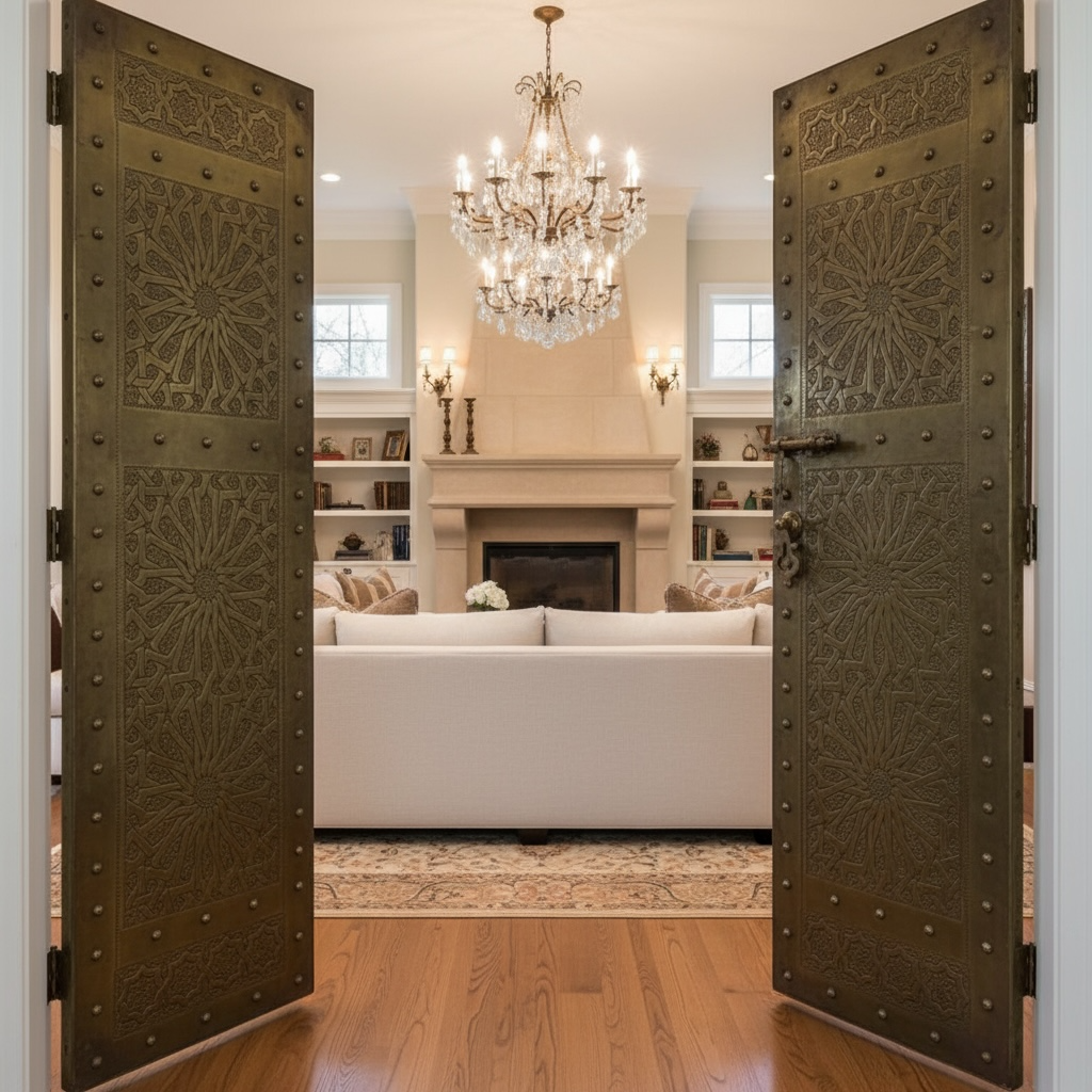 Large brass Andalusia Palace door, Moroccan door by Justmorocco, featuring intricate brass detailing and traditional Moroccan design