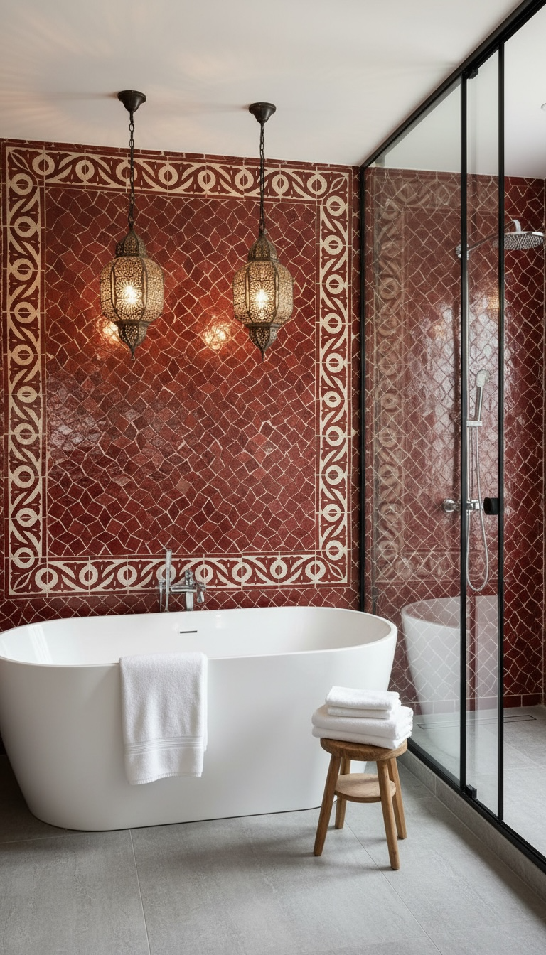 Moroccan Granada red palace tile by Justmorocco featuring intricate geometric patterns and vibrant red color.