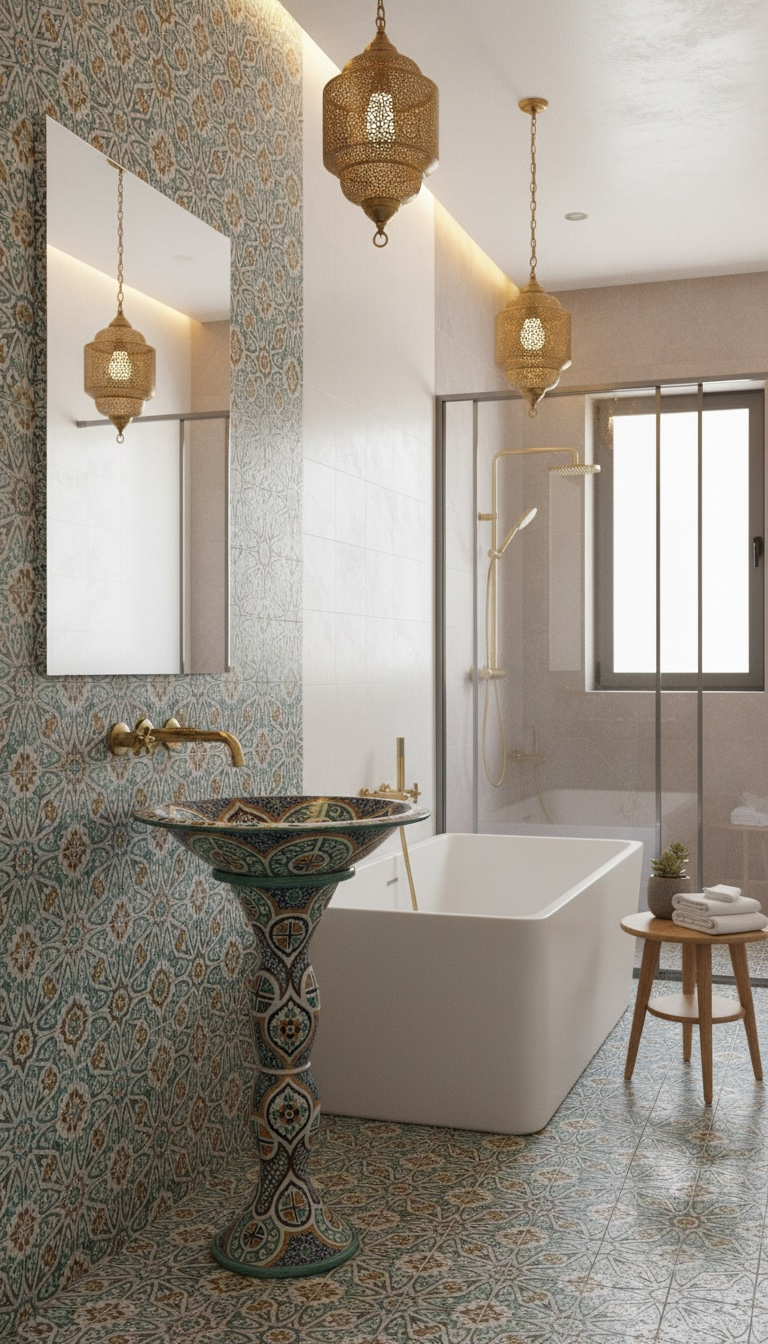 Colorful Moroccan pottery sink featuring traditional tile patterns, crafted by Justmorocco, with vibrant blue and yellow geometric designs.