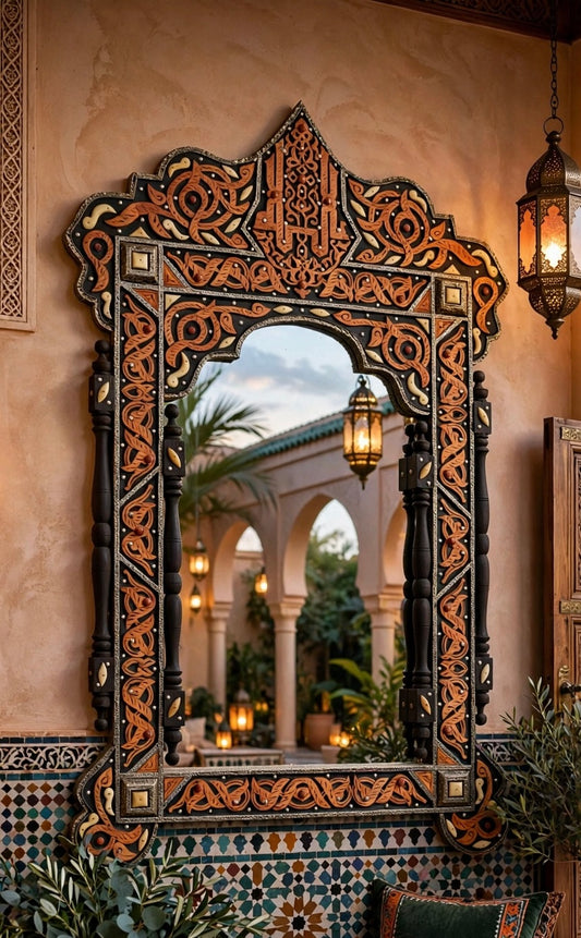 Vintage Moroccan Mirror: Allah Arabic Calligraphy, Camel Bone Inlay