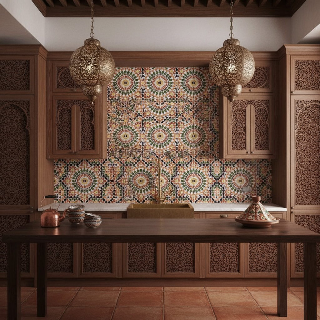 Moroccan Andalusia kitchen tile with intricate blue and white geometric patterns from Justmorocco.