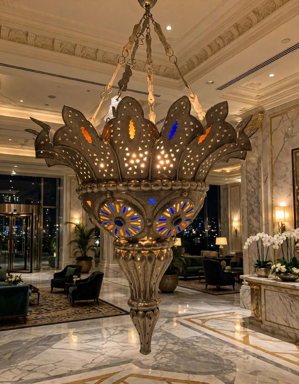 Handmade vintage silver Moroccan ceiling lamp chandelier with intricate Moroccan design, hanging decor for stylish interior lighting.