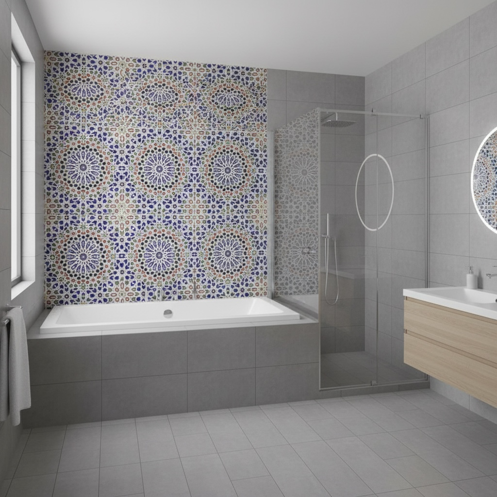 Moroccan Granada tile pack by Justmorocco, featuring colorful patterned ceramic tiles with intricate geometric designs.