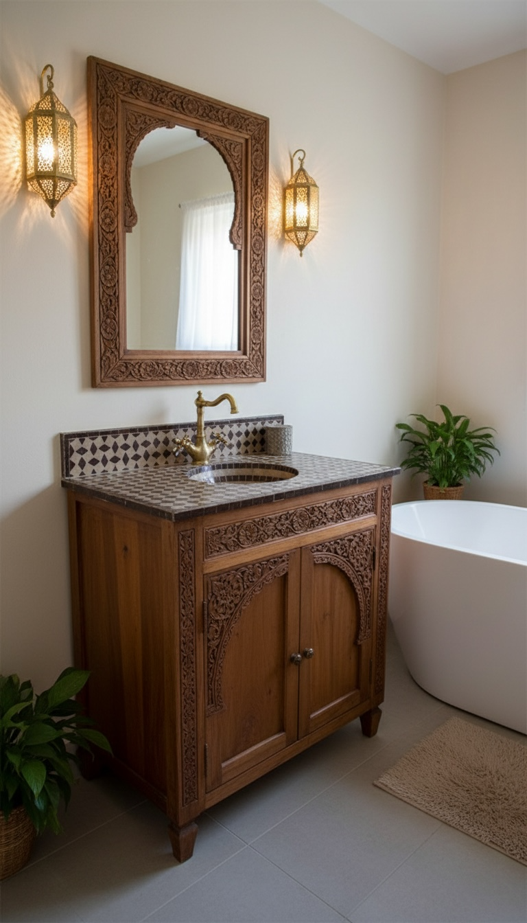 Moroccan Dama sink with colorful tile design by Justmorocco, showcasing intricate patterns and vibrant craftsmanship.