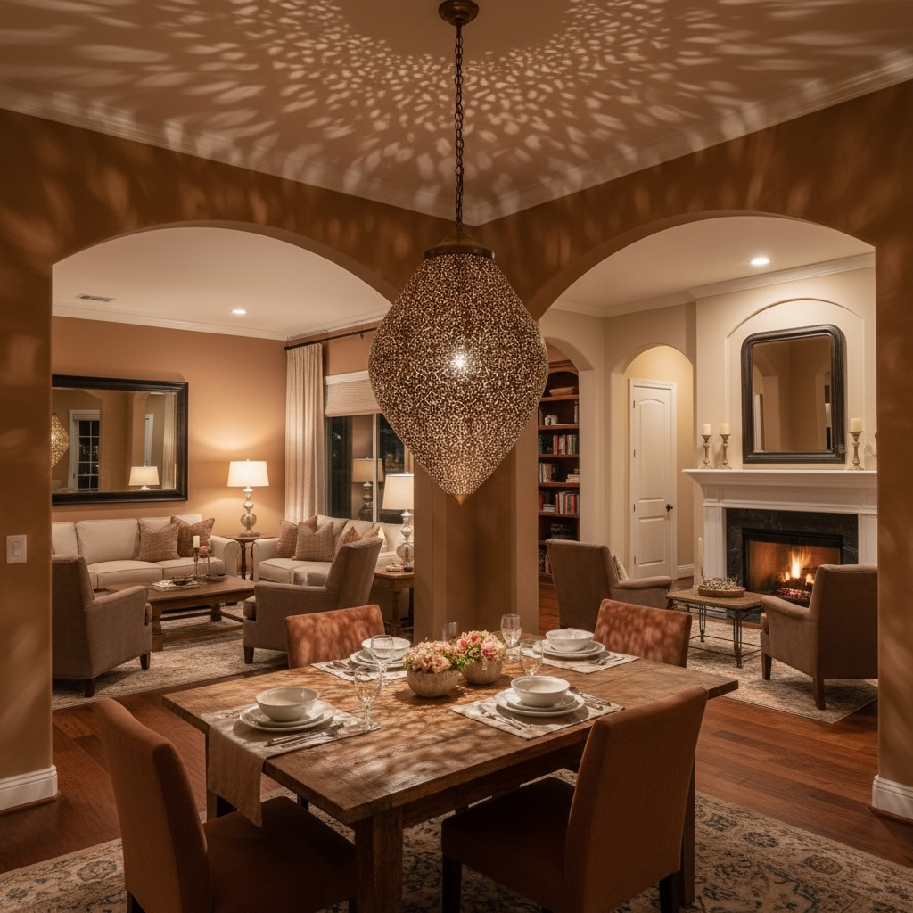 Cordoba brass chandelier Moroccan lantern by Justmorocco with intricate metalwork and warm ambient lighting.