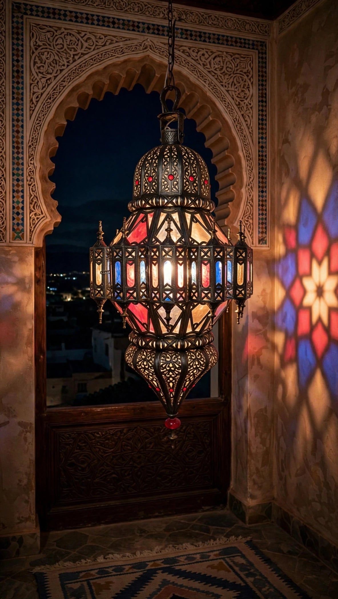 Large vintage silver Moroccan ceiling lamp with intricate Moorish design, hanging chandelier for Middle Eastern-inspired lighting.