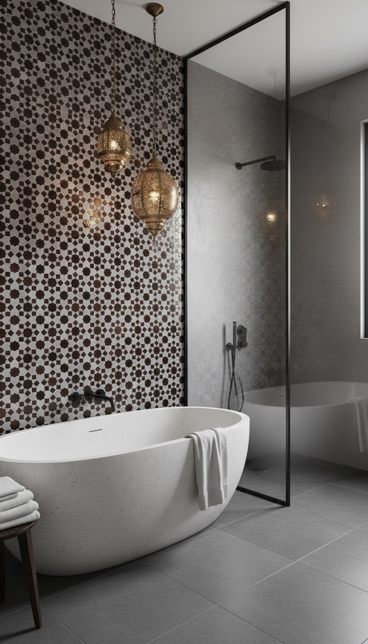 Colorful Moroccan Mamounia tile by Justmorocco showcasing intricate geometric patterns and vibrant ceramic design.
