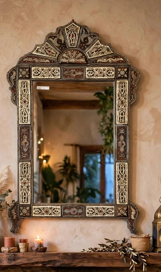 Handmade Moroccan Inlay Bone Mirror, Moorish Design, 48" x 28"