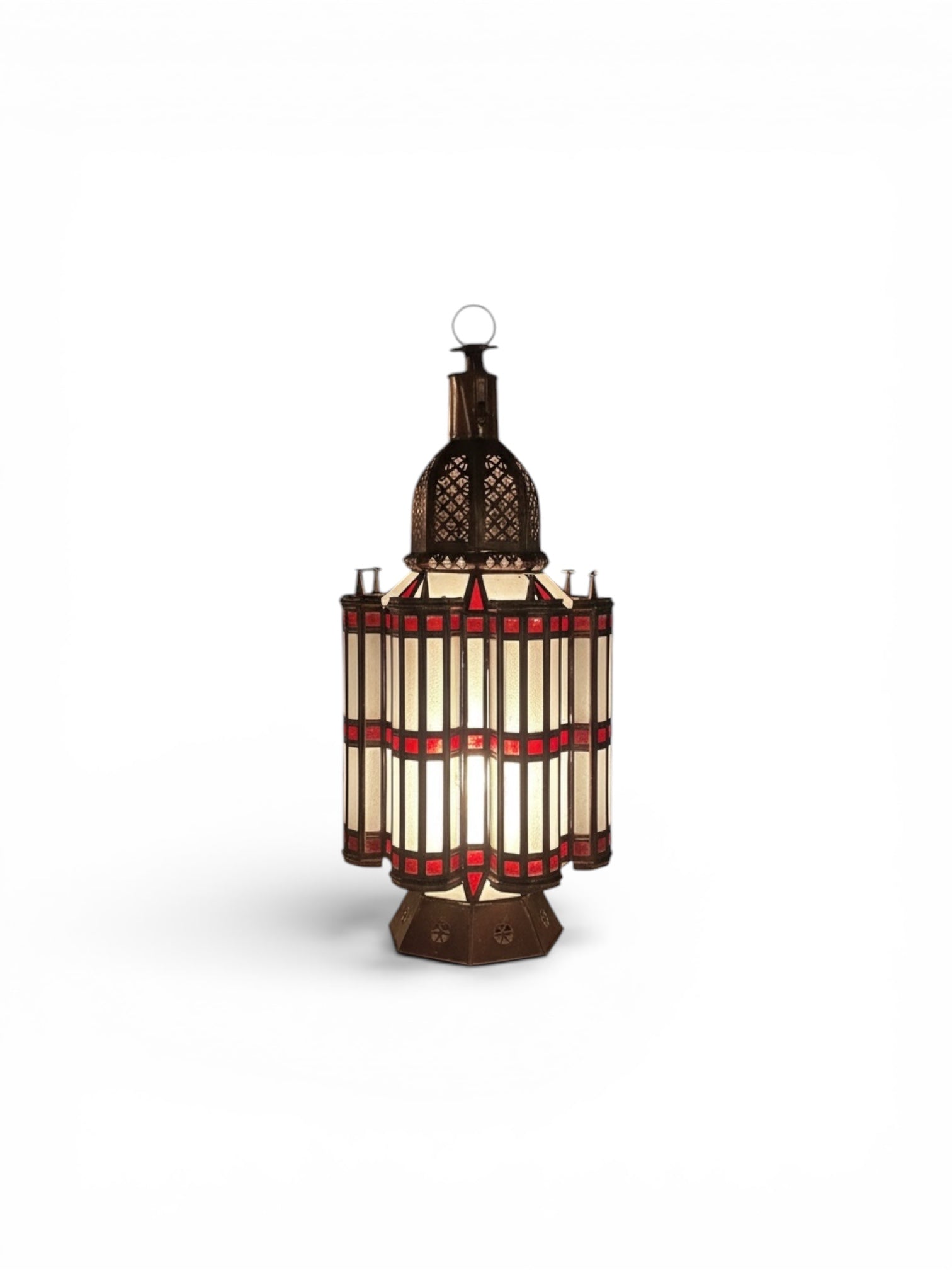 Moroccan Mamounia lantern by Justmorocco featuring intricate metalwork and glass panels, ideal for decorative lighting.