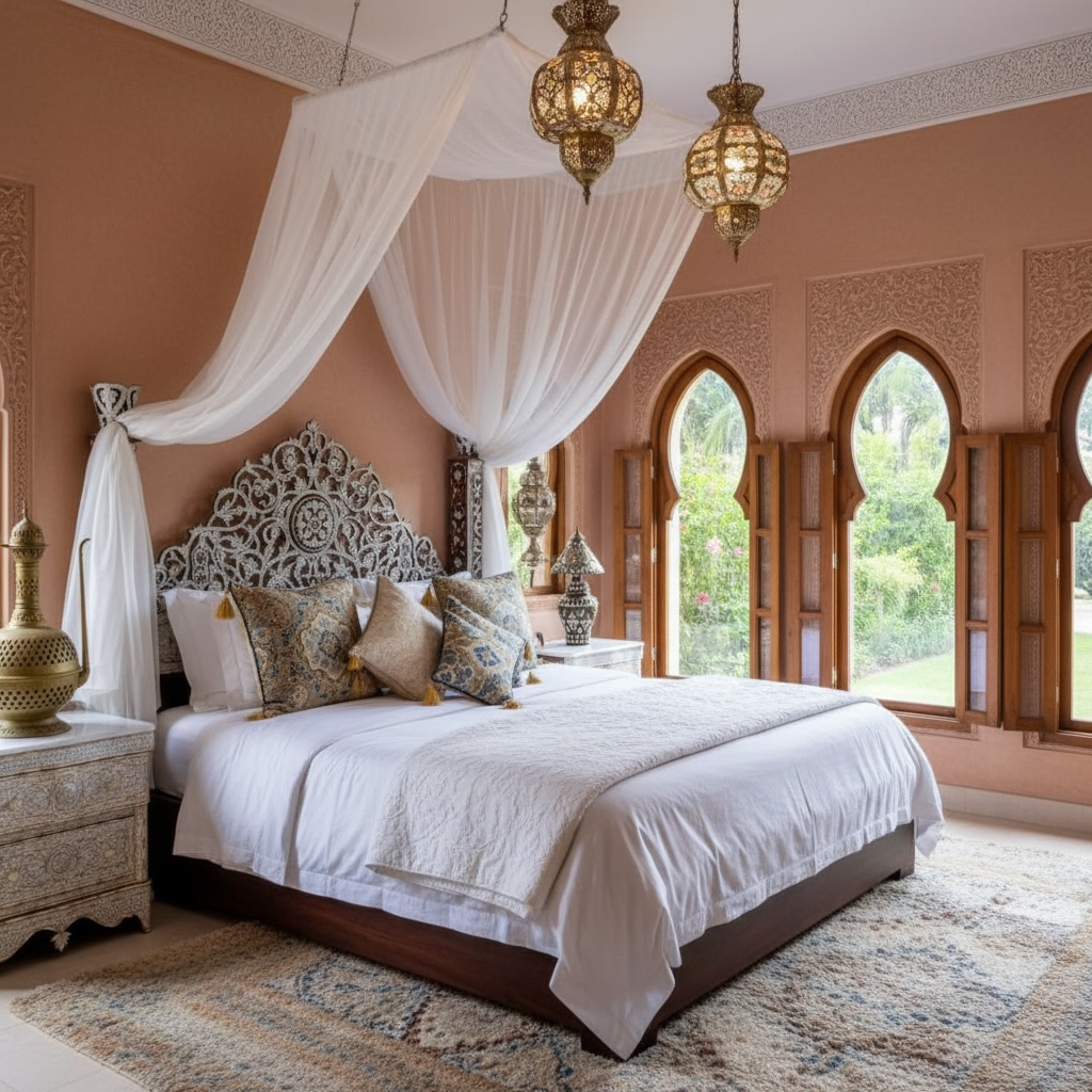 White Alhambra headboard by Justmorocco featuring intricate Moroccan design and wooden frame for a stylish bedroom accent.