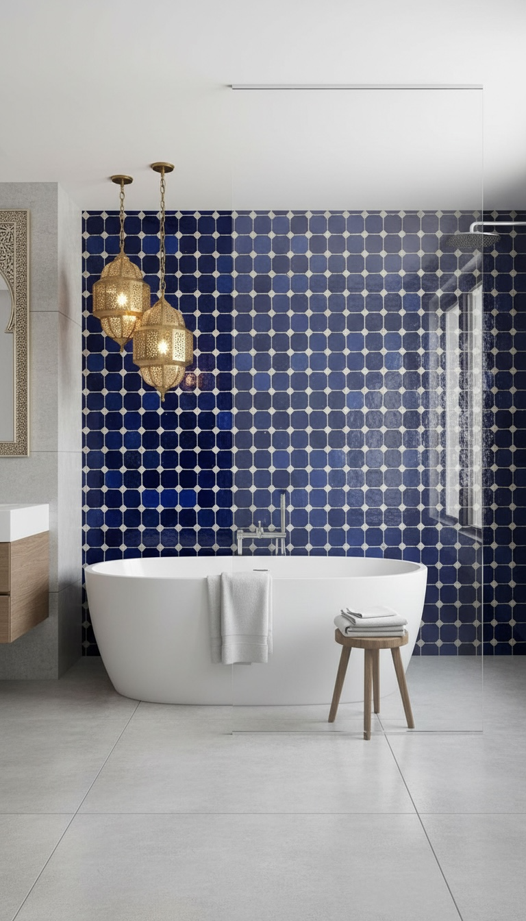 Moroccan Zellij Darna tile by Justmorocco with intricate geometric blue and white patterns, traditional handcrafted ceramic tile.
