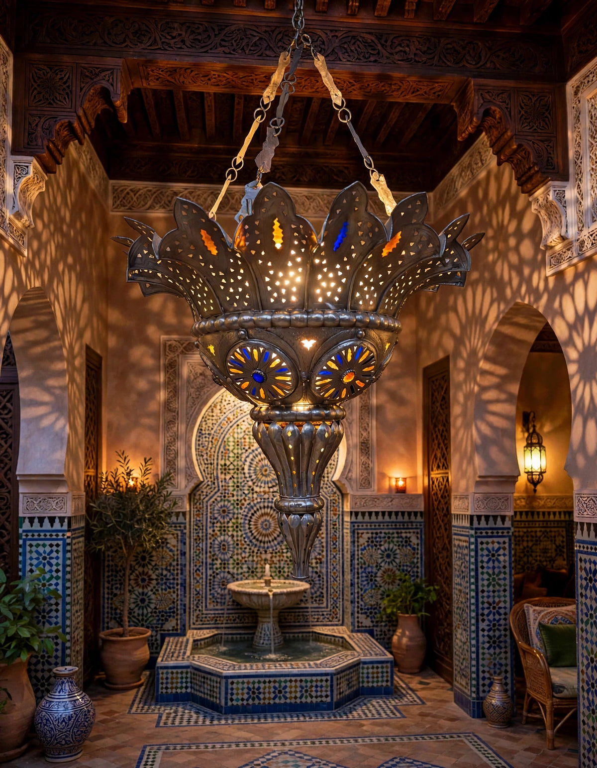 Handmade vintage silver Moroccan ceiling lamp hanging chandelier with intricate metalwork and Moroccan design elements.